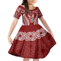 Personalised Kia Kaha Te Reo Maori Family Matching Short Sleeve Bodycon Dress and Hawaiian Shirt Hei Tiki Mix Koru - Red LT7 Daughter's Dress Red - Polynesian Pride