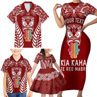 Personalised Kia Kaha Te Reo Maori Family Matching Short Sleeve Bodycon Dress and Hawaiian Shirt Hei Tiki Mix Koru - Red LT7 - Polynesian Pride