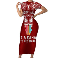 Personalised Kia Kaha Te Reo Maori Family Matching Short Sleeve Bodycon Dress and Hawaiian Shirt Hei Tiki Mix Koru - Red LT7 Mom's Dress Red - Polynesian Pride
