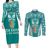 Personalised Kia Kaha Te Reo Maori Couples Matching Long Sleeve Bodycon Dress and Long Sleeve Button Shirts Hei Tiki Mix Koru - Teal LT7 Teal - Polynesian Pride