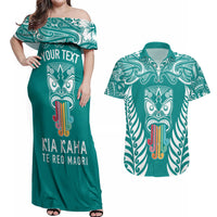 Personalised Kia Kaha Te Reo Maori Couples Matching Off Shoulder Maxi Dress and Hawaiian Shirt Hei Tiki Mix Koru - Teal LT7 Teal - Polynesian Pride
