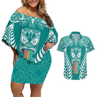 Personalised Kia Kaha Te Reo Maori Couples Matching Off Shoulder Short Dress and Hawaiian Shirt Hei Tiki Mix Koru - Teal LT7 Teal - Polynesian Pride