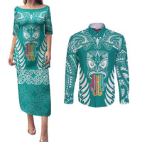 Personalised Kia Kaha Te Reo Maori Couples Matching Puletasi Dress and Long Sleeve Button Shirts Hei Tiki Mix Koru - Teal LT7 Teal - Polynesian Pride