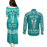 Personalised Kia Kaha Te Reo Maori Couples Matching Puletasi Dress and Long Sleeve Button Shirts Hei Tiki Mix Koru - Teal LT7 - Polynesian Pride
