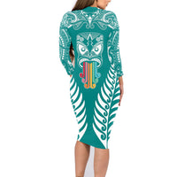 Personalised Kia Kaha Te Reo Maori Family Matching Long Sleeve Bodycon Dress and Hawaiian Shirt Hei Tiki Mix Koru - Teal LT7 - Polynesian Pride