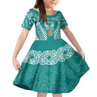 Personalised Kia Kaha Te Reo Maori Family Matching Off Shoulder Maxi Dress and Hawaiian Shirt Hei Tiki Mix Koru - Teal LT7 Daughter's Dress Teal - Polynesian Pride