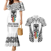 Personalised Kia Kaha Te Reo Maori Couples Matching Mermaid Dress and Hawaiian Shirt Hei Tiki Mix Koru - White LT7 White - Polynesian Pride