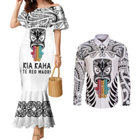 Personalised Kia Kaha Te Reo Maori Couples Matching Mermaid Dress and Long Sleeve Button Shirts Hei Tiki Mix Koru - White LT7 White - Polynesian Pride