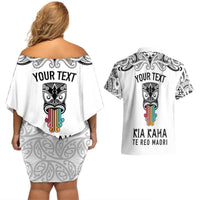 Personalised Kia Kaha Te Reo Maori Couples Matching Off Shoulder Short Dress and Hawaiian Shirt Hei Tiki Mix Koru - White LT7 - Polynesian Pride