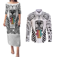 Personalised Kia Kaha Te Reo Maori Couples Matching Puletasi Dress and Long Sleeve Button Shirts Hei Tiki Mix Koru - White LT7 White - Polynesian Pride