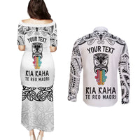 Personalised Kia Kaha Te Reo Maori Couples Matching Puletasi Dress and Long Sleeve Button Shirts Hei Tiki Mix Koru - White LT7 - Polynesian Pride