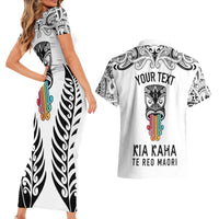 Personalised Kia Kaha Te Reo Maori Couples Matching Short Sleeve Bodycon Dress and Hawaiian Shirt Hei Tiki Mix Koru - White LT7 - Polynesian Pride