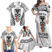 Personalised Kia Kaha Te Reo Maori Family Matching Off Shoulder Maxi Dress and Hawaiian Shirt Hei Tiki Mix Koru - White LT7 - Polynesian Pride