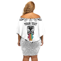 Personalised Kia Kaha Te Reo Maori Family Matching Off Shoulder Short Dress and Hawaiian Shirt Hei Tiki Mix Koru - White LT7 - Polynesian Pride
