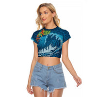 Outrigger Canoe Blue Raglan Cropped T Shirt On The Waves