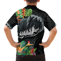 Outrigger Canoe Black Family Matching Long Sleeve Bodycon Dress and Hawaiian Shirt On The Waves