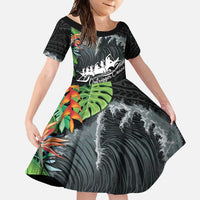 Outrigger Canoe Black Family Matching Short Sleeve Bodycon Dress and Hawaiian Shirt On The Waves