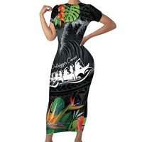 Outrigger Canoe Black Family Matching Short Sleeve Bodycon Dress and Hawaiian Shirt On The Waves