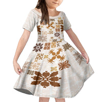 Vintage Hawaii Family Matching Off Shoulder Long Sleeve Dress and Hawaiian Shirt Hawaiian Quilt Kapa Mismatch Beige LT7 Daughter's Dress Beige - Polynesian Pride