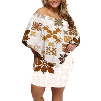 Vintage Hawaii Off Shoulder Short Dress Hawaiian Quilt Kapa Mismatch Beige LT7 Women Beige - Polynesian Pride