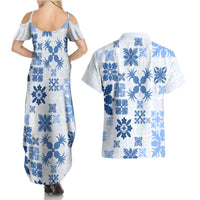 Vintage Hawaii Couples Matching Summer Maxi Dress and Hawaiian Shirt Hawaiian Quilt Kapa Mismatch Blue LT7 - Polynesian Pride