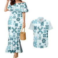 Vintage Hawaii Couples Matching Mermaid Dress and Hawaiian Shirt Hawaiian Quilt Kapa Mismatch Teal LT7 Teal - Polynesian Pride