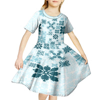 Vintage Hawaii Kid Short Sleeve Dress Hawaiian Quilt Kapa Mismatch Teal LT7 - Polynesian Pride