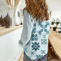 Vintage Hawaii Women Casual Shirt Hawaiian Quilt Kapa Mismatch Teal LT7 - Polynesian Pride