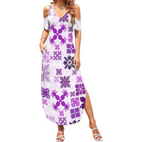 Vintage Hawaii Family Matching Summer Maxi Dress and Hawaiian Shirt Hawaiian Quilt Kapa Mismatch Purple LT7 Mom's Dress Purple - Polynesian Pride