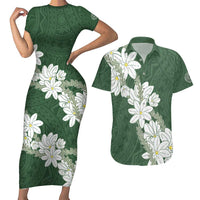 Ia Orana Tahiti Tiare Couples Matching Short Sleeve Bodycon Dress and Hawaiian Shirt Sage Green Lei LT7 Sage Green - Polynesian Pride