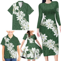 Ia Orana Tahiti Tiare Family Matching Long Sleeve Bodycon Dress and Hawaiian Shirt Sage Green Lei LT7 - Polynesian Pride