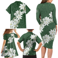 Ia Orana Tahiti Tiare Family Matching Long Sleeve Bodycon Dress and Hawaiian Shirt Sage Green Lei LT7 - Polynesian Pride