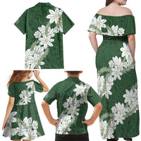 Ia Orana Tahiti Tiare Family Matching Off Shoulder Maxi Dress and Hawaiian Shirt Sage Green Lei LT7 - Polynesian Pride