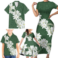 Ia Orana Tahiti Tiare Family Matching Short Sleeve Bodycon Dress and Hawaiian Shirt Sage Green Lei LT7 - Polynesian Pride