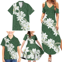 Ia Orana Tahiti Tiare Family Matching Summer Maxi Dress and Hawaiian Shirt Sage Green Lei LT7 - Polynesian Pride
