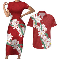 Ia Orana Tahiti Tiare Couples Matching Short Sleeve Bodycon Dress and Hawaiian Shirt Crimson Lei LT7 Red - Polynesian Pride
