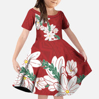 Ia Orana Tahiti Tiare Family Matching Long Sleeve Bodycon Dress and Hawaiian Shirt Crimson Lei LT7 Daughter's Dress Red - Polynesian Pride