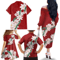 Ia Orana Tahiti Tiare Family Matching Off The Shoulder Long Sleeve Dress and Hawaiian Shirt Crimson Lei LT7 - Polynesian Pride