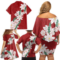 Ia Orana Tahiti Tiare Family Matching Off Shoulder Short Dress and Hawaiian Shirt Crimson Lei LT7 - Polynesian Pride