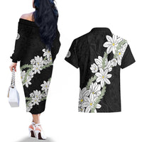 Ia Orana Tahiti Tiare Couples Matching Off The Shoulder Long Sleeve Dress and Hawaiian Shirt Black Lei LT7 - Polynesian Pride