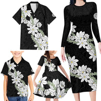 Ia Orana Tahiti Tiare Family Matching Long Sleeve Bodycon Dress and Hawaiian Shirt Black Lei LT7 - Polynesian Pride