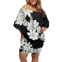 Ia Orana Tahiti Tiare Family Matching Off Shoulder Short Dress and Hawaiian Shirt Black Lei LT7 Mom's Dress Black - Polynesian Pride