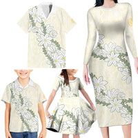 Ia Orana Tahiti Tiare Family Matching Long Sleeve Bodycon Dress and Hawaiian Shirt Lemon Yellow Lei LT7 - Polynesian Pride