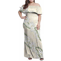 Ia Orana Tahiti Tiare Family Matching Off Shoulder Maxi Dress and Hawaiian Shirt Lemon Yellow Lei LT7 Mom's Dress Lemon - Polynesian Pride