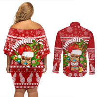 Hawaii Tiki Christmas Couples Matching Off Shoulder Short Dress and Long Sleeve Button Shirt Mele Kalikimaka LT7 - Polynesian Pride