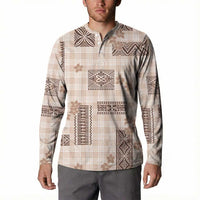 Hawaiian Quilt Tapa On Beige Palaka Motifs Button Sweatshirt