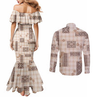 Hawaiian Quilt Tapa On Beige Palaka Motifs Couples Matching Mermaid Dress and Long Sleeve Button Shirt
