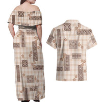 Hawaiian Quilt Tapa On Beige Palaka Motifs Couples Matching Off Shoulder Maxi Dress and Hawaiian Shirt