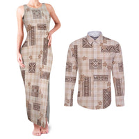 Hawaiian Quilt Tapa On Beige Palaka Motifs Couples Matching Tank Maxi Dress and Long Sleeve Button Shirt