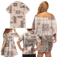 Hawaiian Quilt Tapa On Beige Palaka Motifs Family Matching Off Shoulder Short Dress and Hawaiian Shirt LT7 - Polynesian Pride